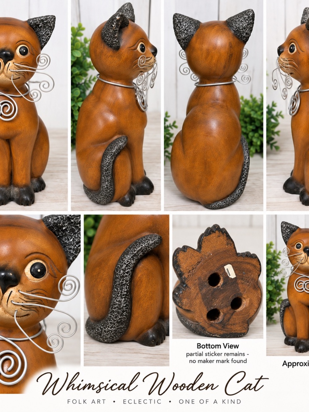 12.25 inch fun wooden cat with metal whiskers and collar- really unique design